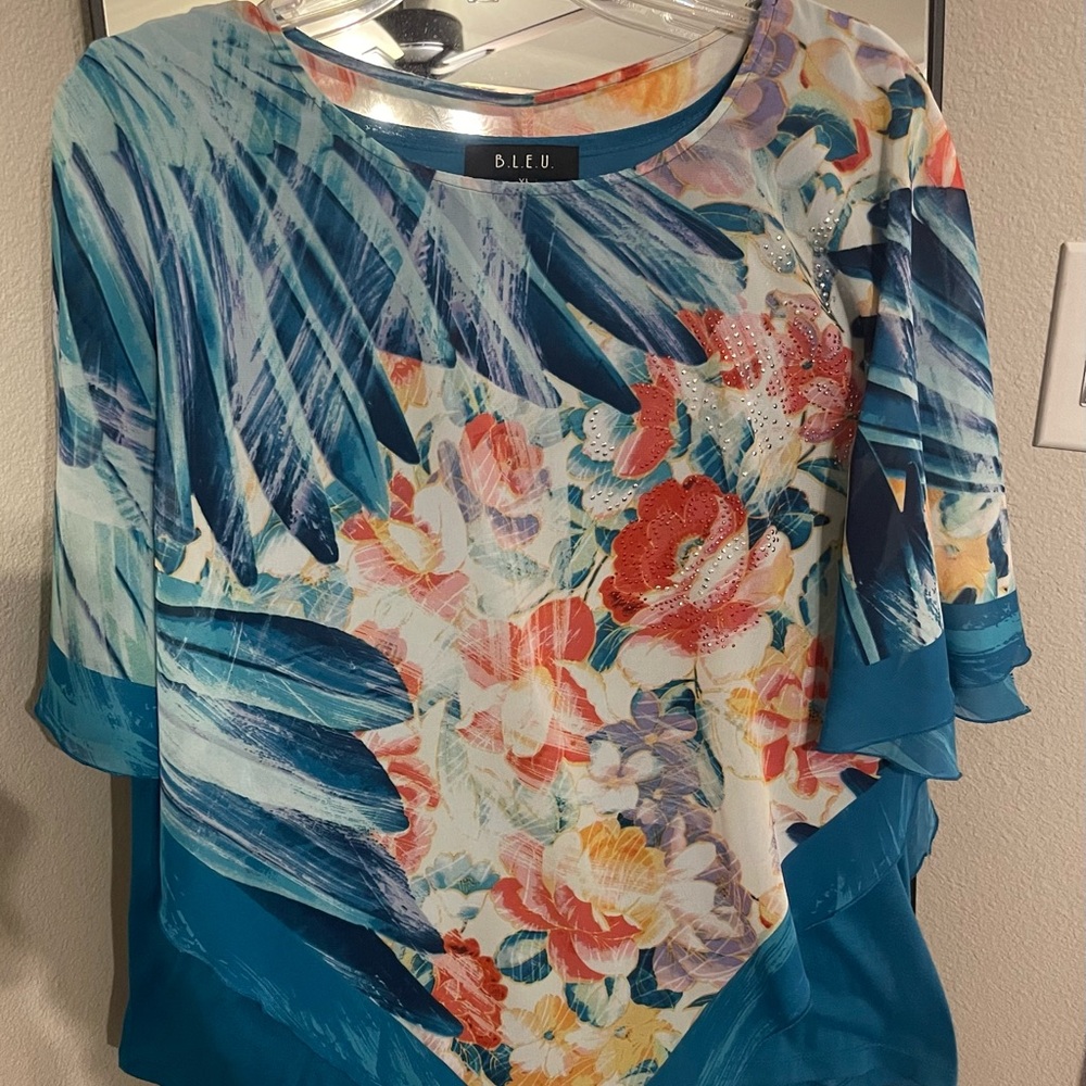 B.L.E.U. Blue and Red Asymmetrical Ruffled Blouse